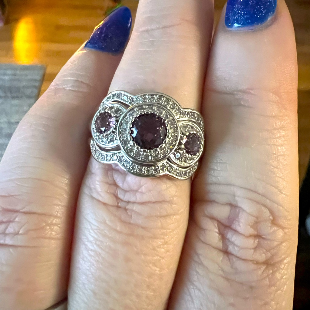 Lab Created Amethyst On Rhodium Plating, Triple Band Ring Size 10